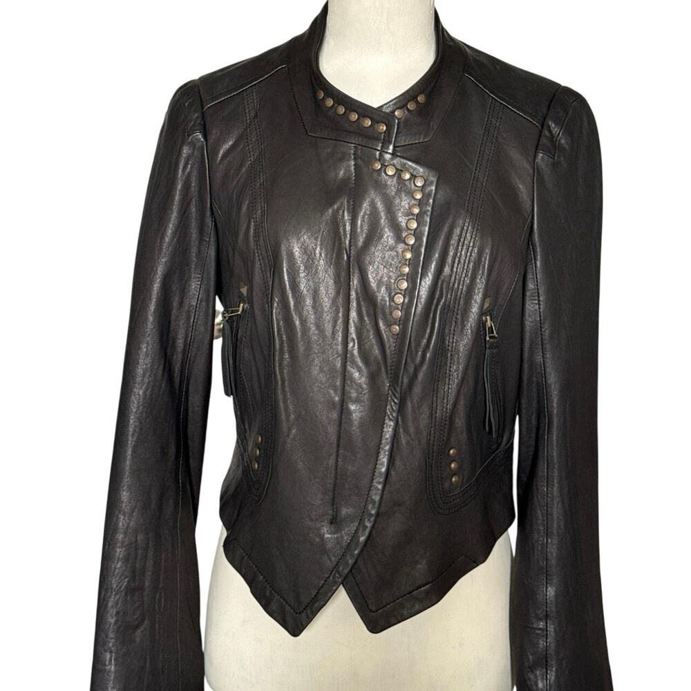 1st Avenue Womens Lambskin Leather Studded Moto Jacket Black Cropped Large EUC - Picture 5 of 16